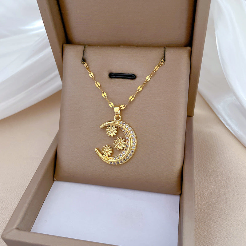 Minimalist Crescent Moon Floral Rhinestone Pendant Necklace for Women Titanium Steel Snake Chain Elegant Clavicle Jewelry