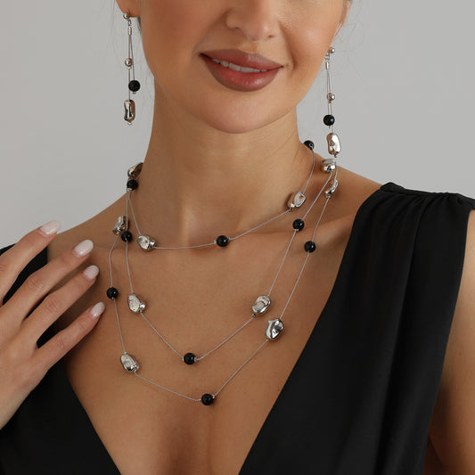 Casual Irregular Geometric Gold Bean Pearl Plated Alloy Multi-layer Long Necklace for Women