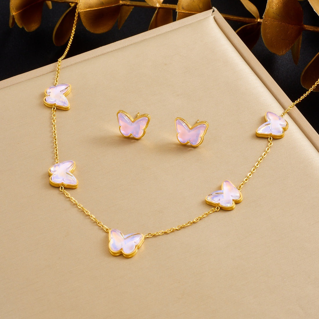 Sweet Gold Plated Stainless Steel Butterfly Necklace Set for Women