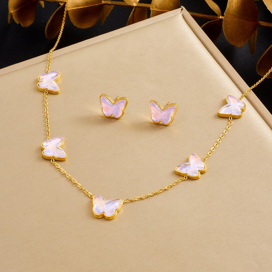 Sweet Gold Plated Stainless Steel Butterfly Necklace Set for Women