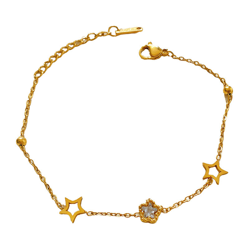 Minimalist Luxury Titanium Steel Plated Hollow Floral Cubic Zirconia Beaded Bracelet