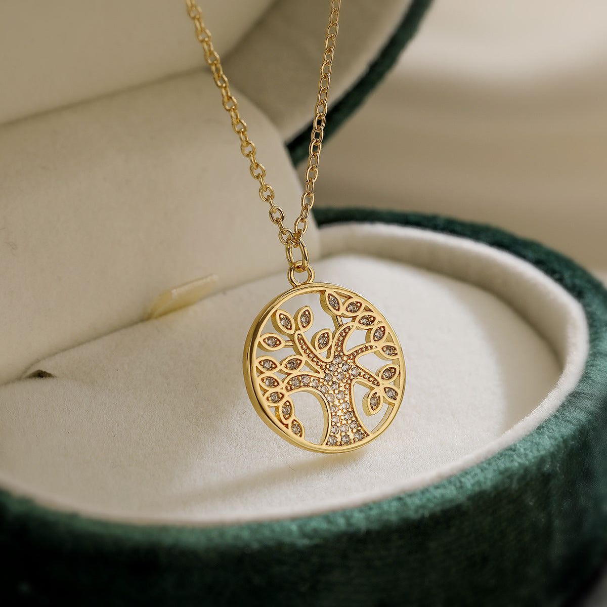 Collana con Ciondolo Albero della Vita Geometrico Minimalista da Donna in Rame con Placcatura in Oro 18K e Intarsio di Zirconi