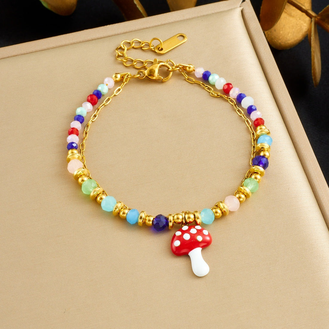 Sweet Bohemian Rainbow Plated Stainless Steel Beaded Bracelet with Strawberry and Ladybug Charms