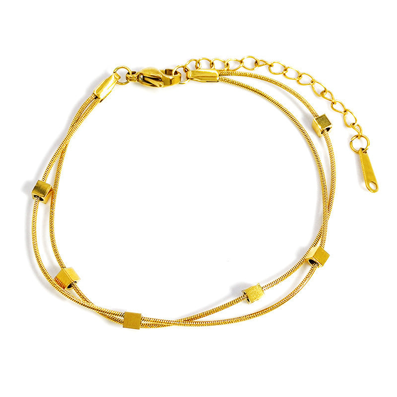 Bracciale minimalist in acciaio al titanio, a catena di serpente a doppio strato, con motivi quadrati e a foglia, placcato per una finitura resistente allo sbiadimento, in stile francese.