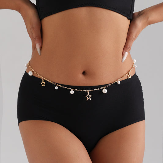 Punk Style Star-Shaped Imitation Pearl Waist Chain for Women with Metal Pendant and Minimalist Design