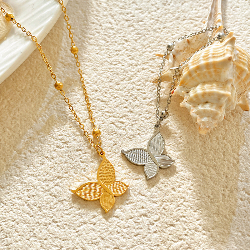 Layered Textured Butterfly Gold Plated Titanium Steel Necklace for Unisex
