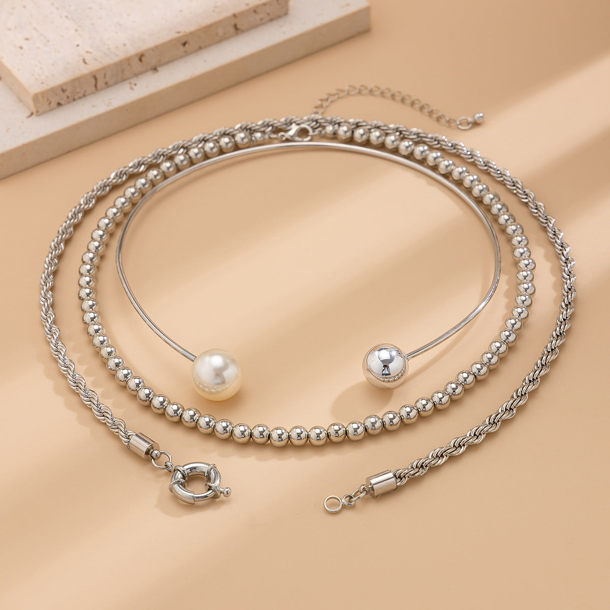 Minimalist Geometric Round Faux Pearl Plated Iron Multi-Layer Ball Chain Necklace for Women