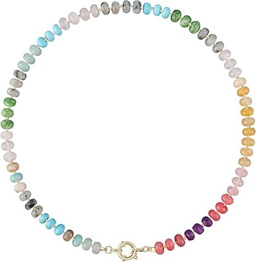 Sweet 8mm Natural Stone Bead Necklace Stainless Steel Geometric Round Ball Chain for Women