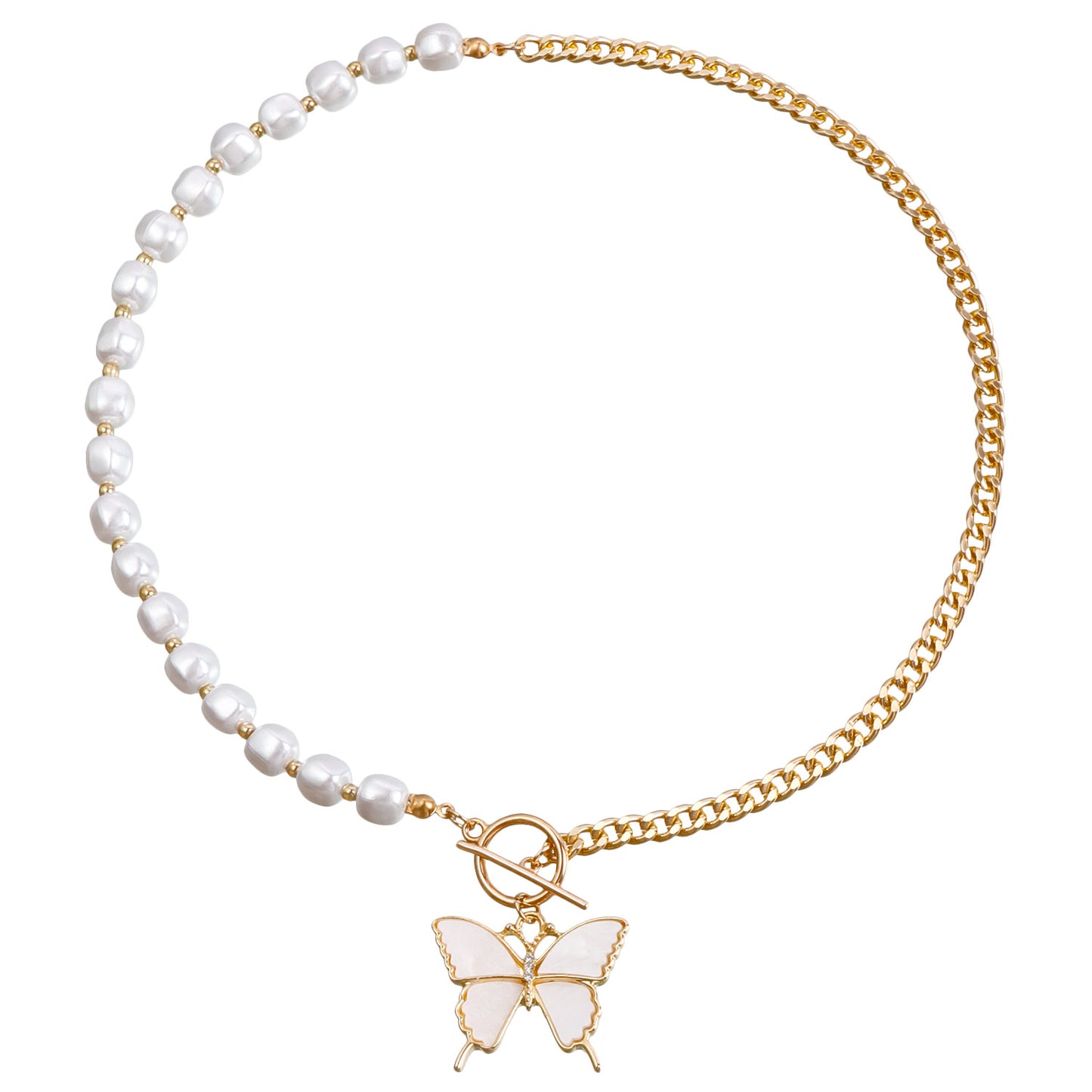 Elegant White Imitation Pearl and Shell Butterfly Geometric Aluminum Chain Necklace for Women