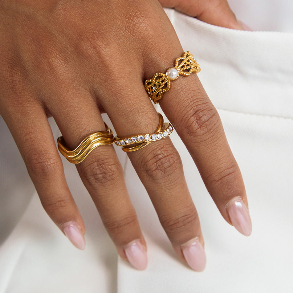 Anillo de Acero de Titanio Geométrico con Incrustaciones de Diamantes de Imitación para Mujer Accesorio de Moda de Lujo