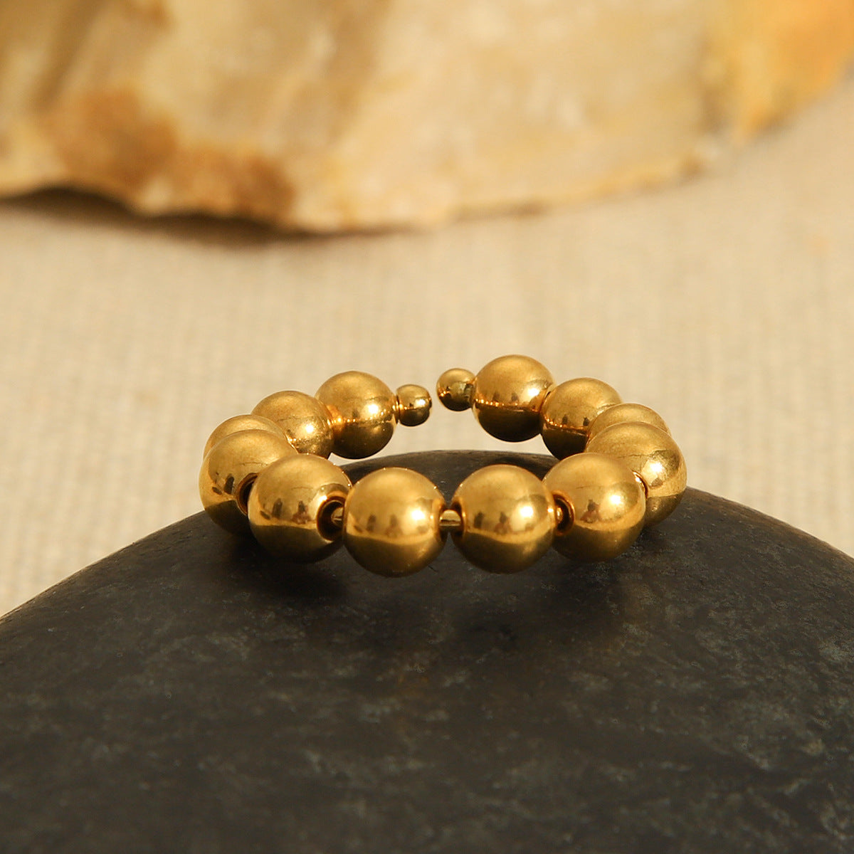 Ins Style Geometric Titanium Steel Open Ring for Women with 18K Gold Plating and Round Bead Detail
