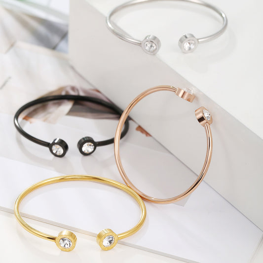Geometric Round Titanium Steel C-Shape Open Bangle with Cubic Zirconia Roman Numerals for Women