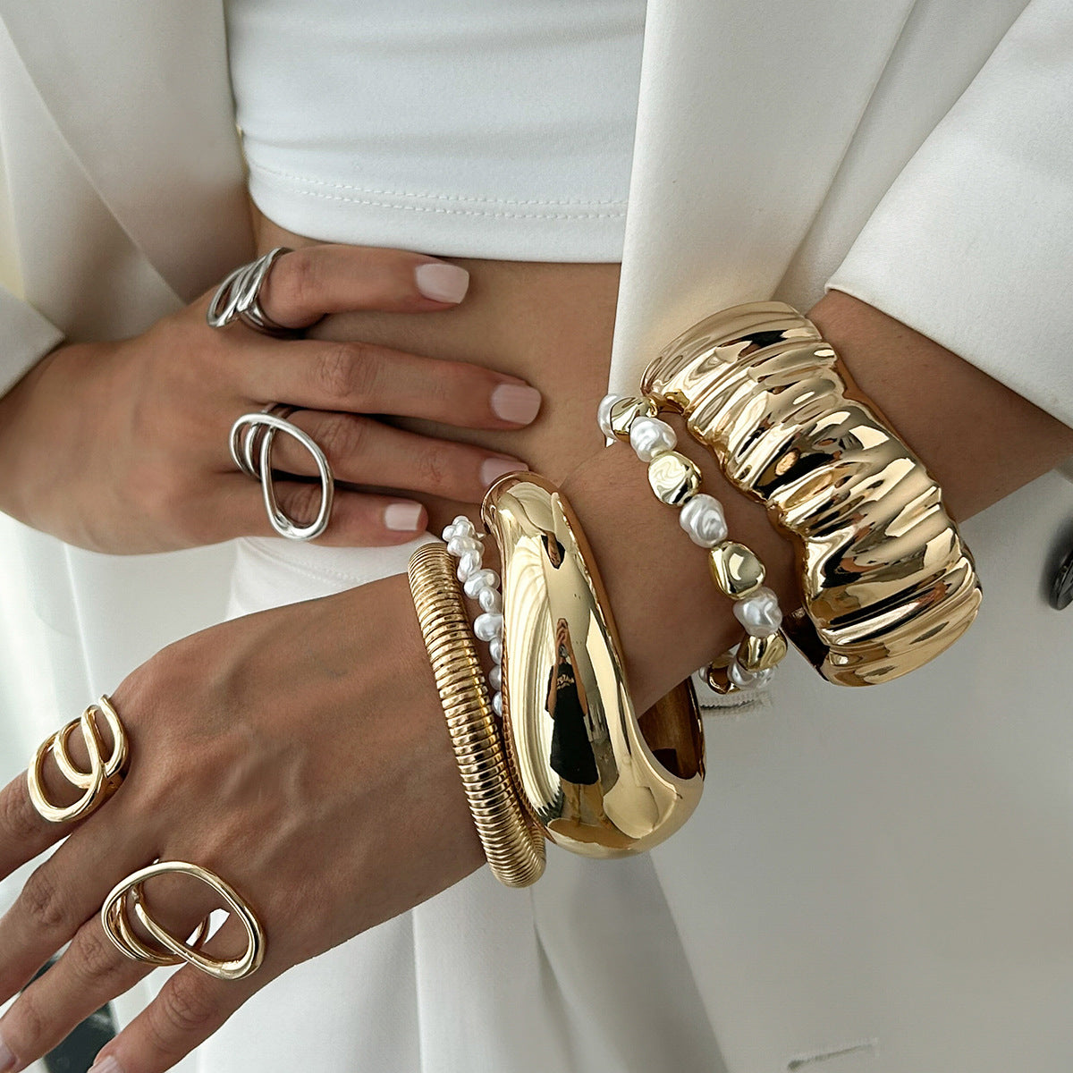Minimalist Irregular Textured Alloy Bracelet for Women with Folded Wide Band and Electroplated Finish