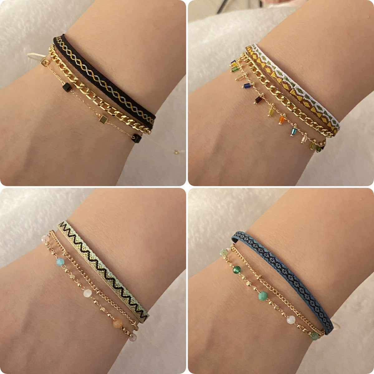 Bohemian Crystal Bracelet with Satin Ribbon Accents for Women, Electroplated Finish, White Crystal Embellished Fashion Accessory
