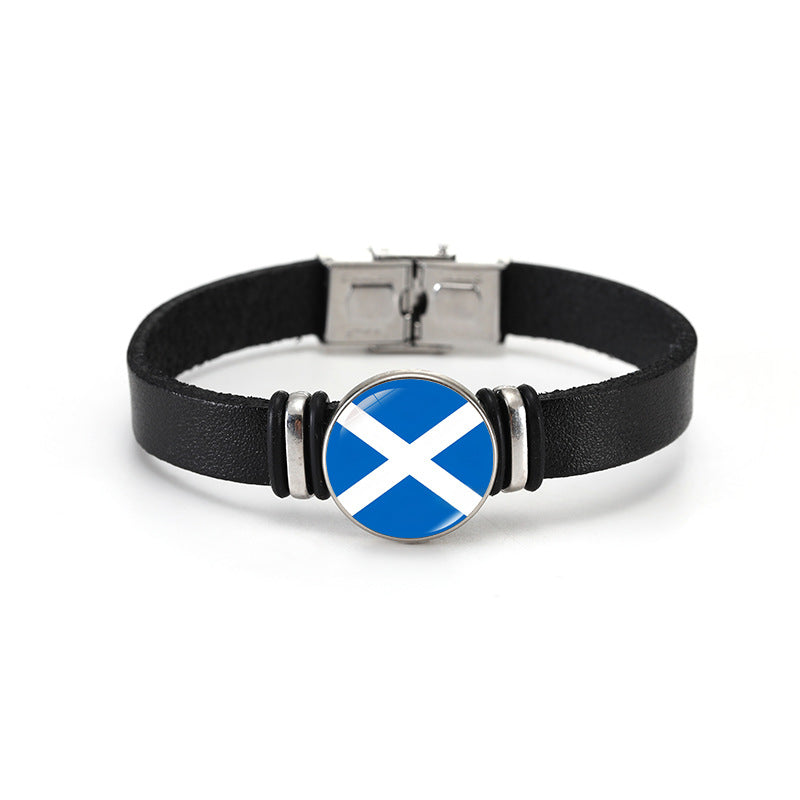 Geometric Plated Leather Bracelet Unisex World Cup Flag Design Casual Wristband