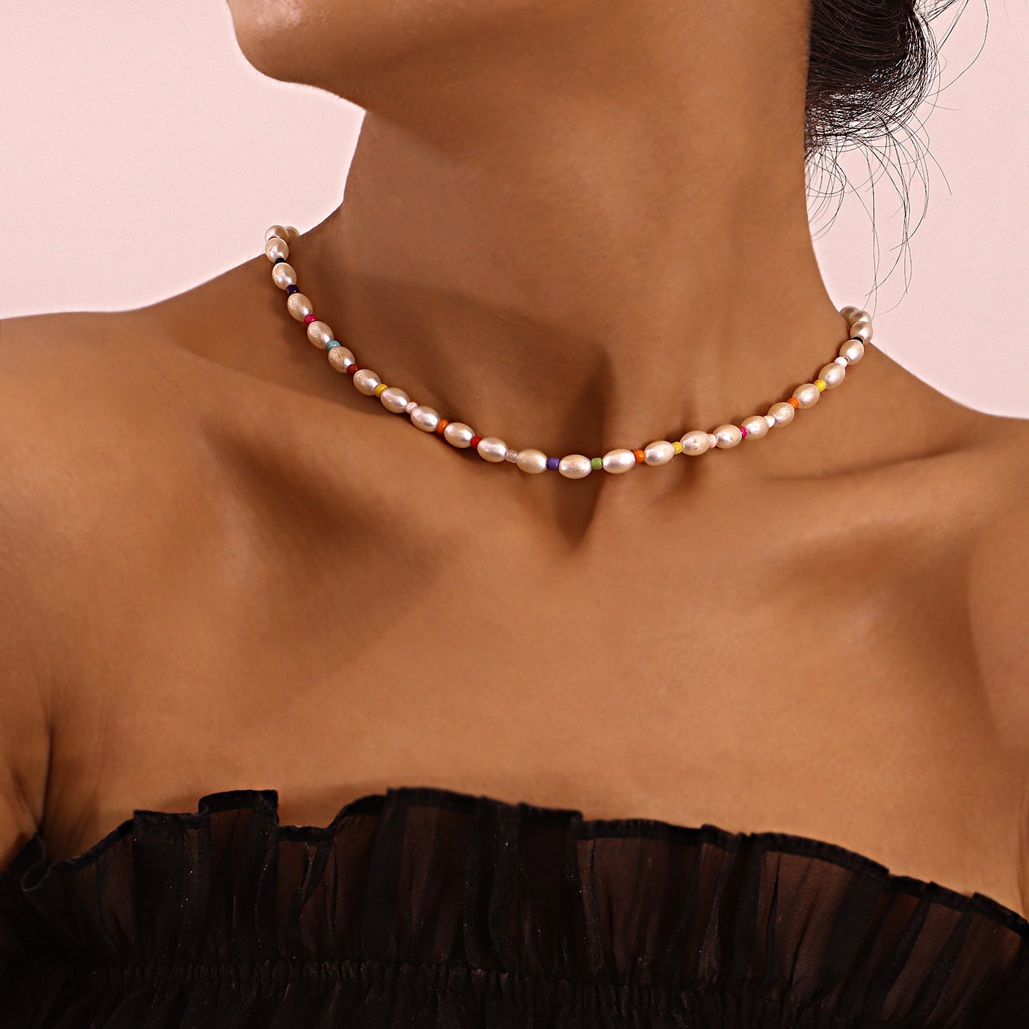 Geometric Oval Pearl Necklace for Women with Spring Clasp and Colorful Seed Beads