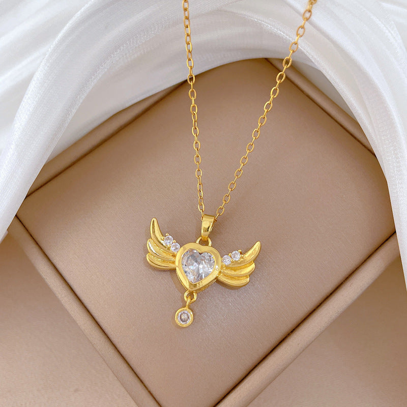 Sweet Elegant Heart Rhinestone Titanium Steel Necklace with Wing Tassel for Unisex
