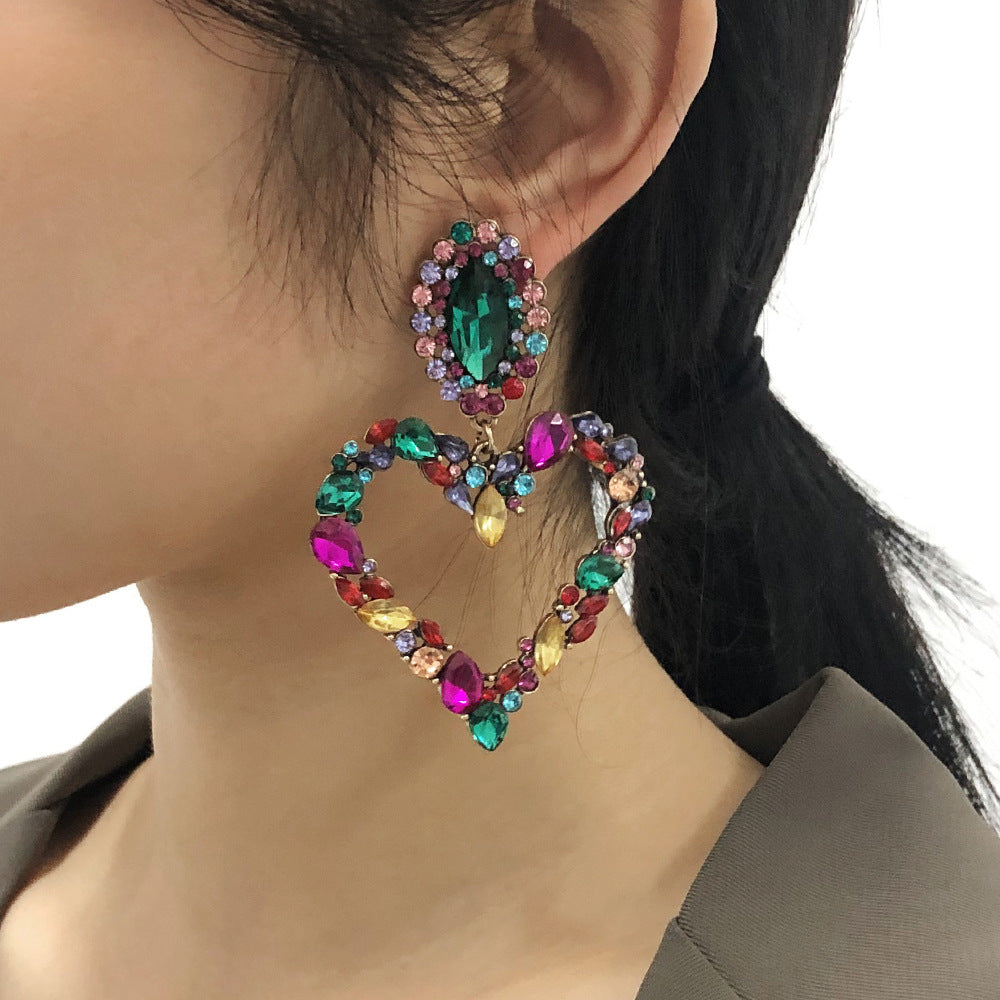 E8893 Pendientes de Mujer en Forma de Corazón de Aleación con Diamantes de Imitación Chapados Estilo Dulce a la Moda Pendientes Largos