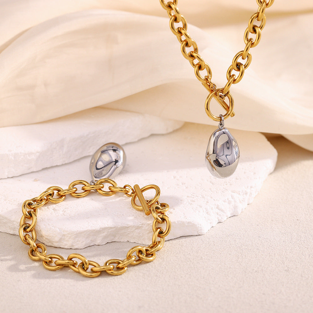 Fashion Minimalist Peanut-Shaped Stainless Steel Plated 18K Gold Solid Necklace and Bracelet Set for Women