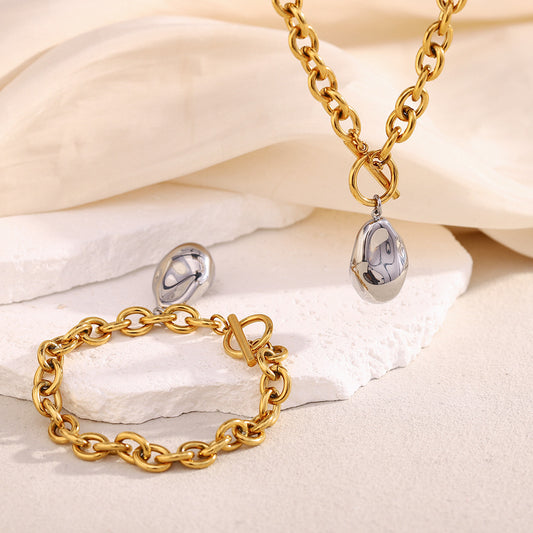 Fashion Minimalist Peanut-Shaped Stainless Steel Plated 18K Gold Solid Necklace and Bracelet Set for Women