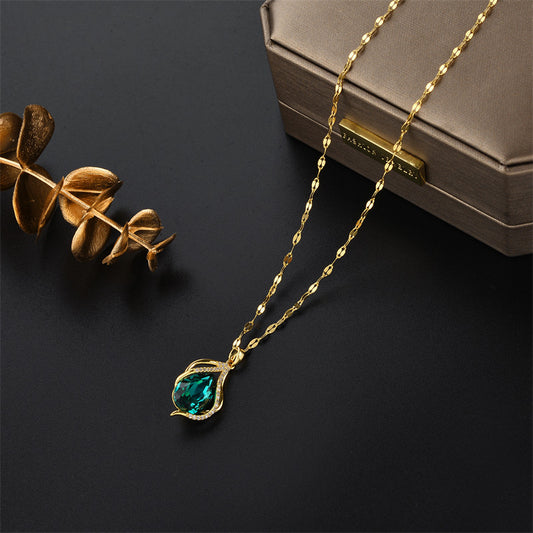 Collar de acero de titanio en forma de lágrima de estilo natural con incrustaciones de cristal y motivo de concha