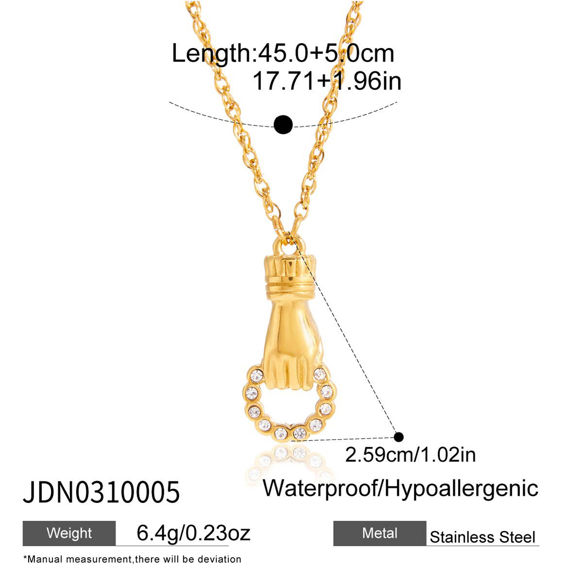 Collar de moda con dije geométrico en forma de mano para mujer en acero de titanio con incrustaciones de diamantes de imitación y baño de oro al vacío PVD