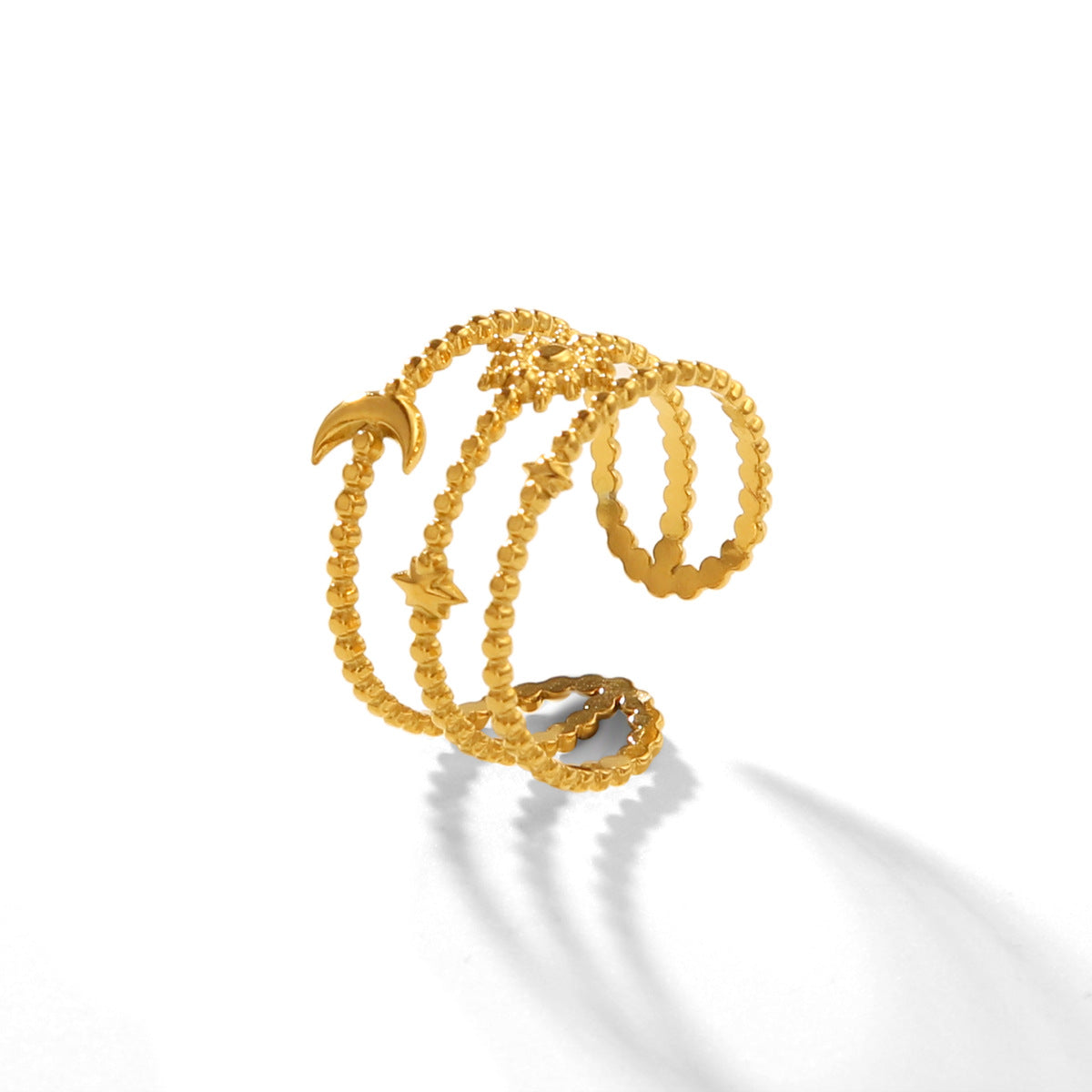 Fashion Geometric Star and Moon Open Ring 18K Gold Plated Stainless Steel Women Jewelry