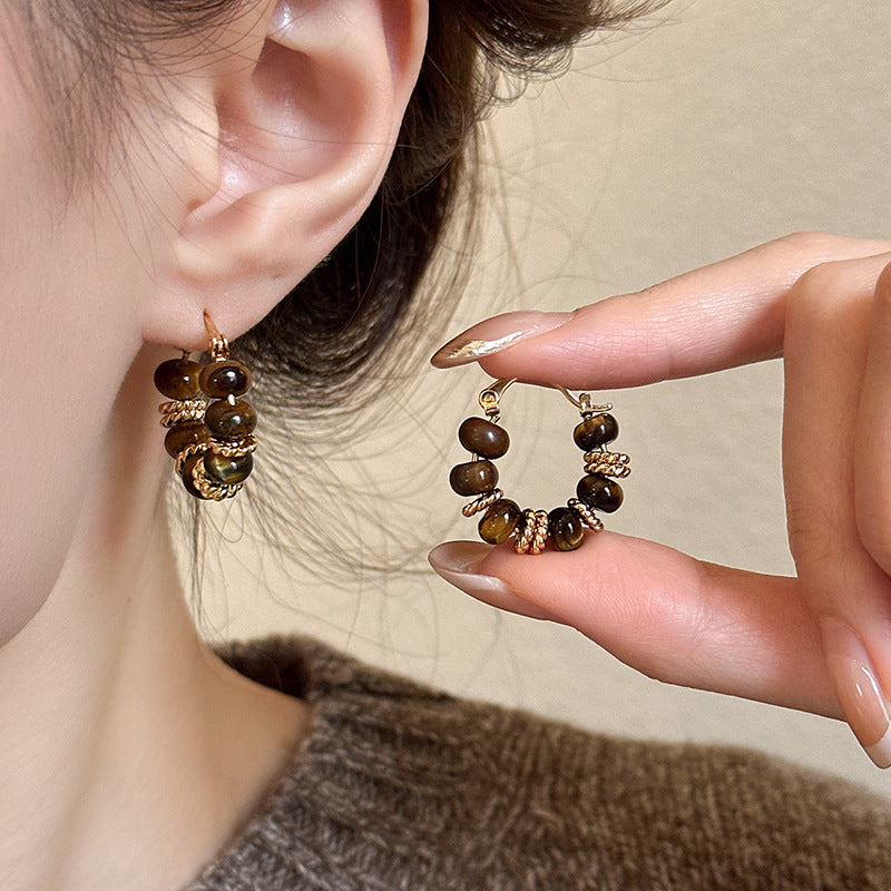 Pendientes de Tachuela de Ojo de Tigre Geométricos Chapados en Cobre para Mujer - Otoño Invierno Retro Minimalista para Uso Diario en la Oficina