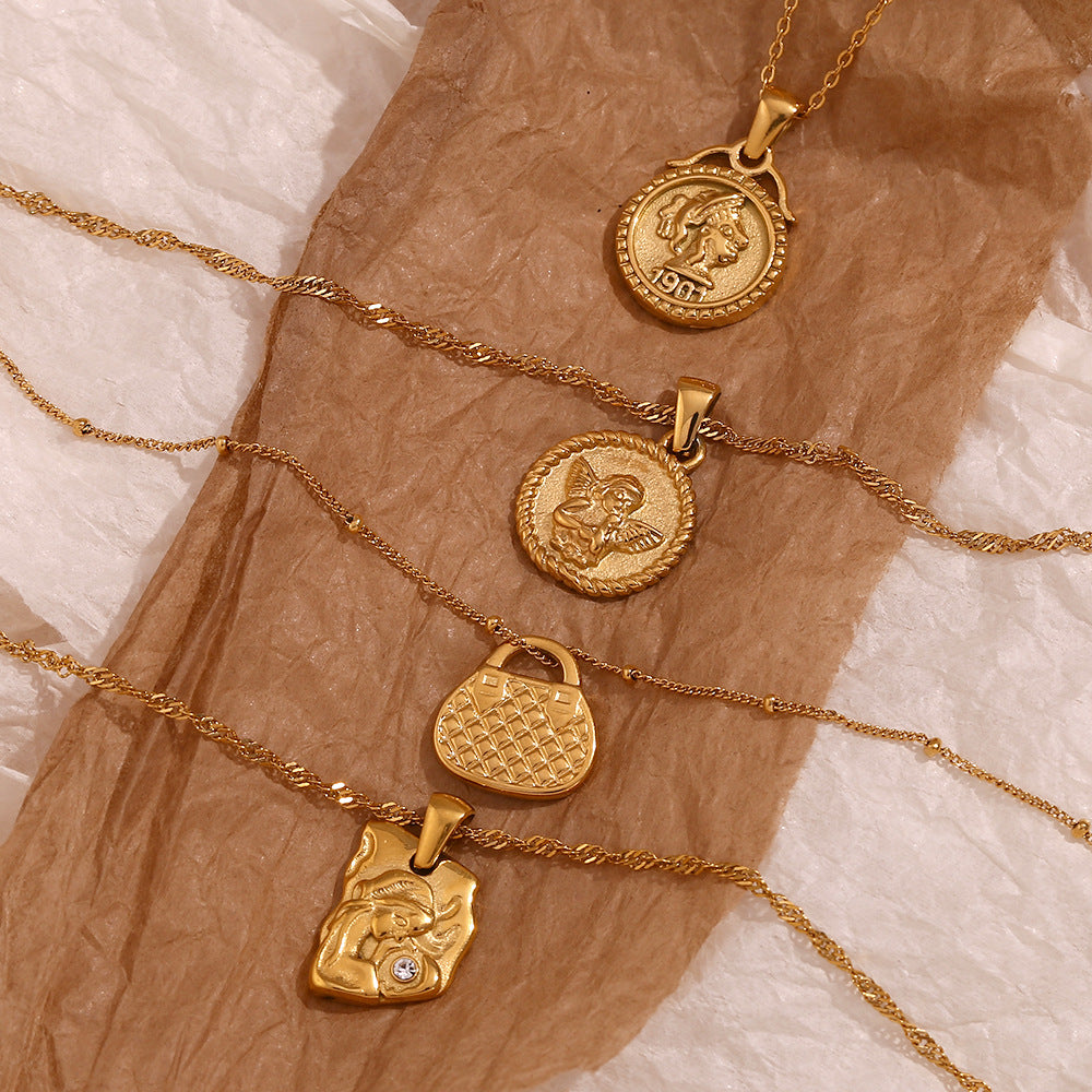 Vintage Geometric Pendant Necklace for Women Stainless Steel with 18K Gold Plating and Zircon Inlay
