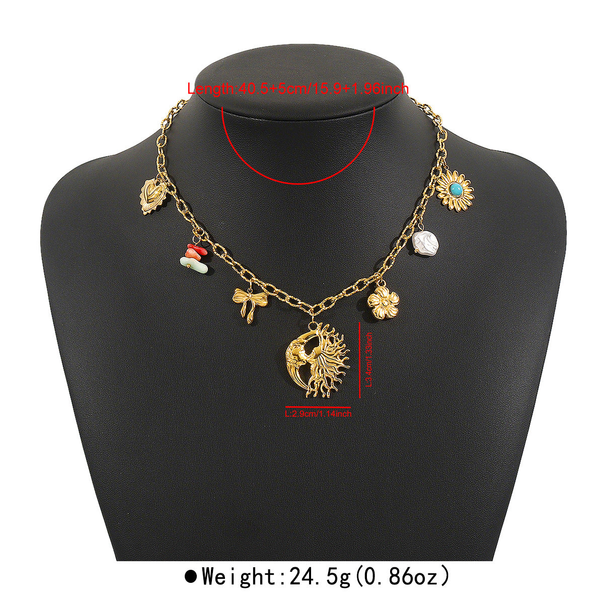 Collana da donna vintage in acciaio inossidabile con pendente Sole Luna Stella, finitura placcata e catena a maglie O