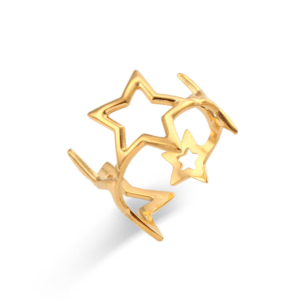 Anillo abierto trenzado de acero inoxidable calado geométrico a la moda para mujer con acabado chapado