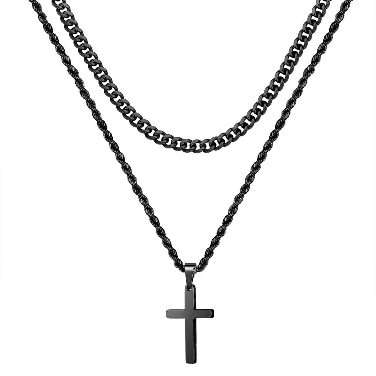 Geometric Cross Pendant Necklace in Stainless Steel with Gold Plating for Men and Women, Cuban Chain Style