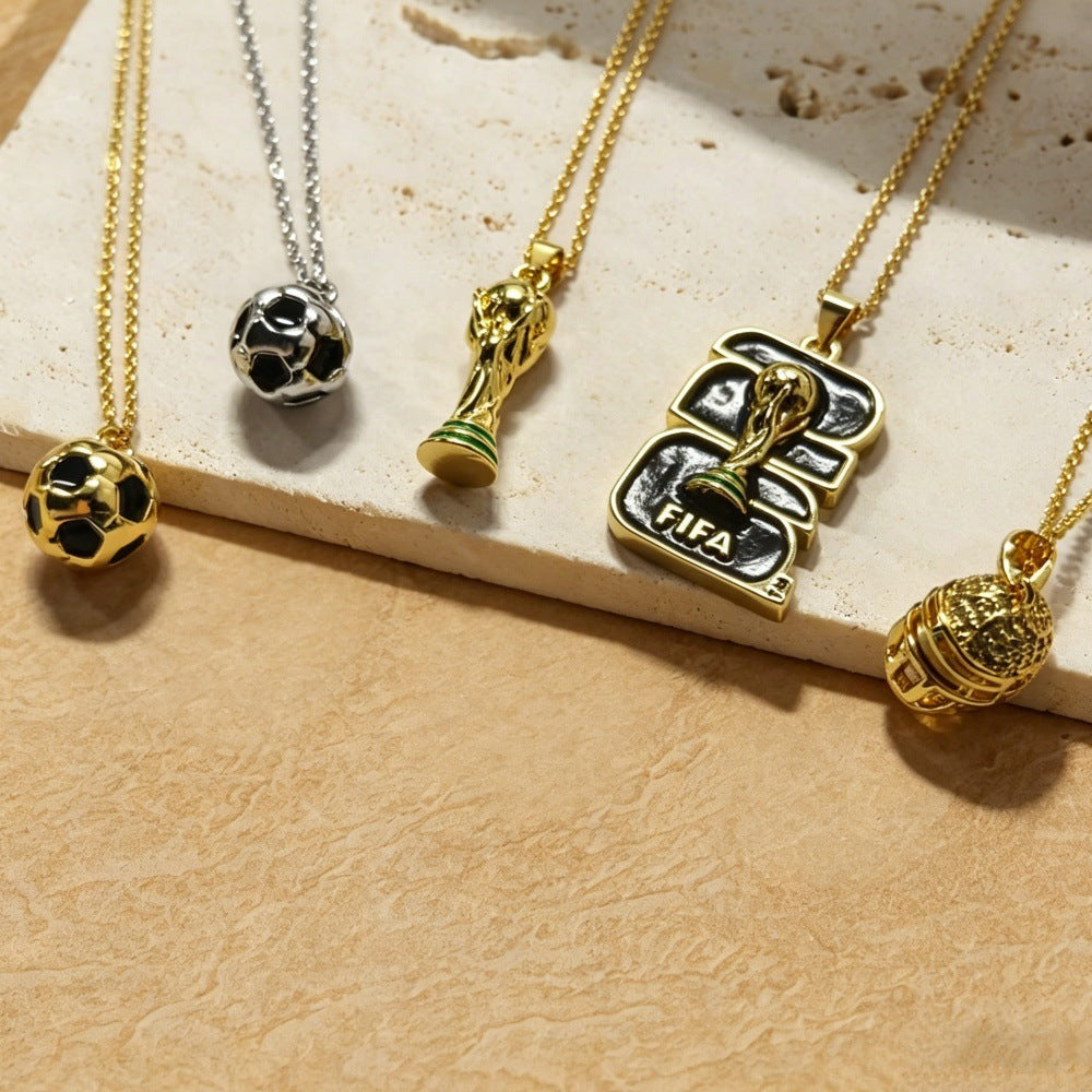 Sporty Plated Brass Soccer Trophy Pendant Necklace for Women