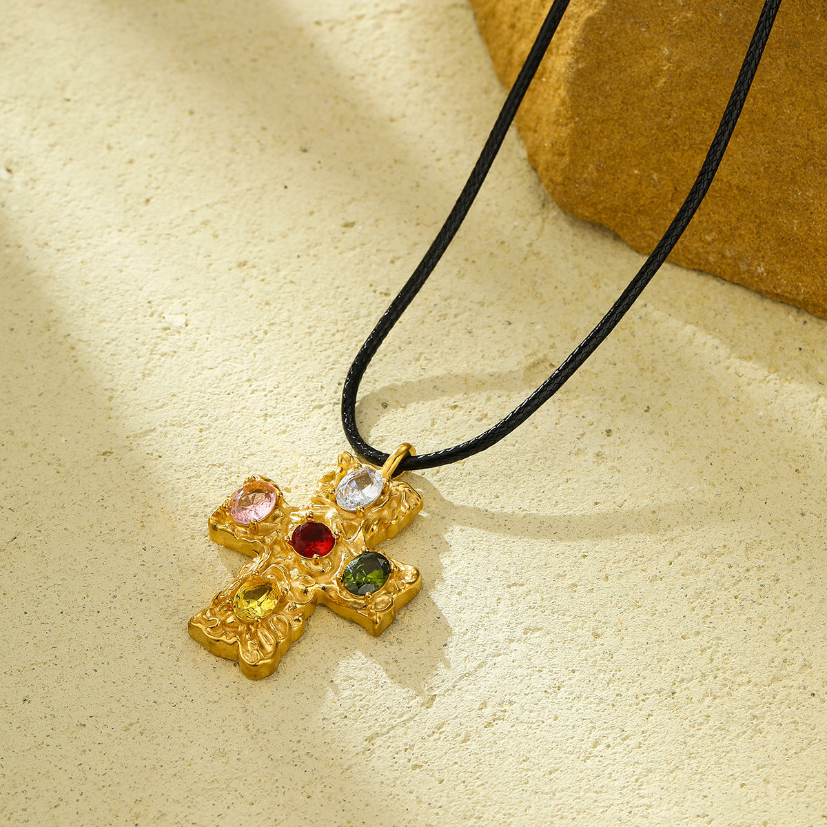 Fashionable Cross Pendant Necklace in Titanium Steel with 18K Gold Plating and Colorful Zircon Inlay for Women