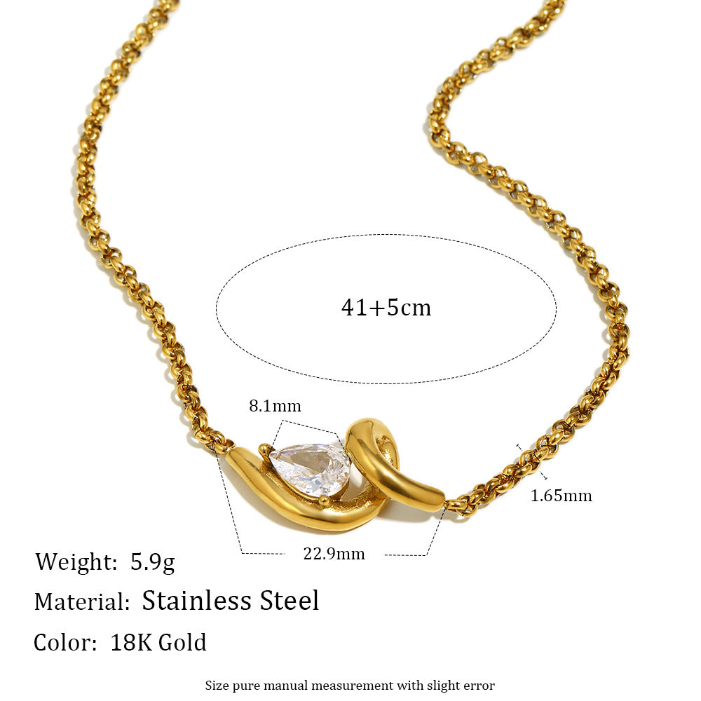 Collana con Pendente a Goccia Minimalista in Acciaio Inox con Placcatura in Oro 18K, Accenti di Zirconi e Perle Rotonde su Catena Standard