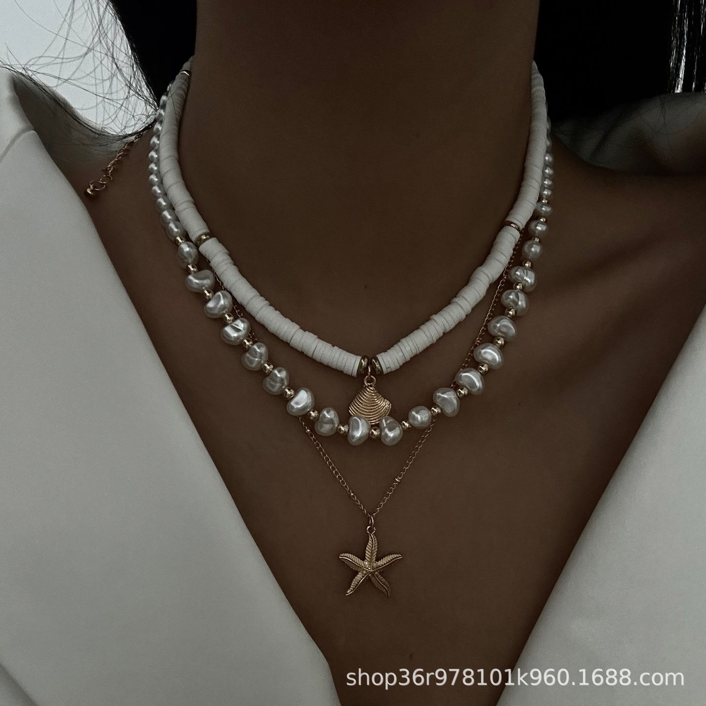Unique Irregular Multi-Layer Geometric Starfish Alloy Necklace Set with Imitation Pearl for Women