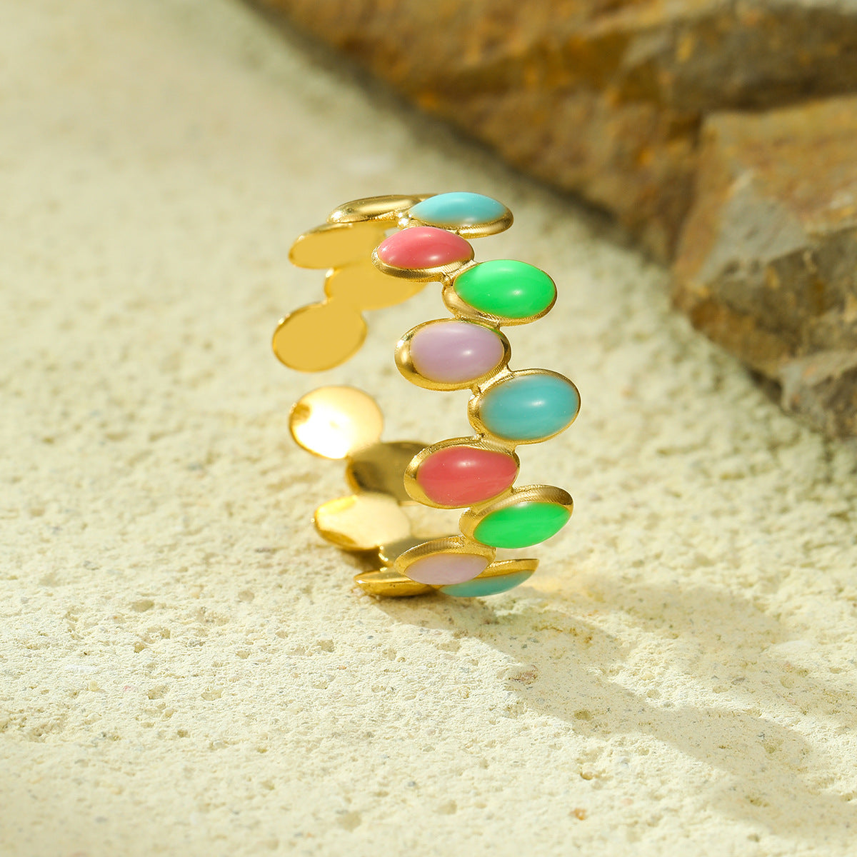 Minimalist Oval-Shaped Titanium Steel Ring with Enamel Finish Adjustable Fashion Jewelry for Women