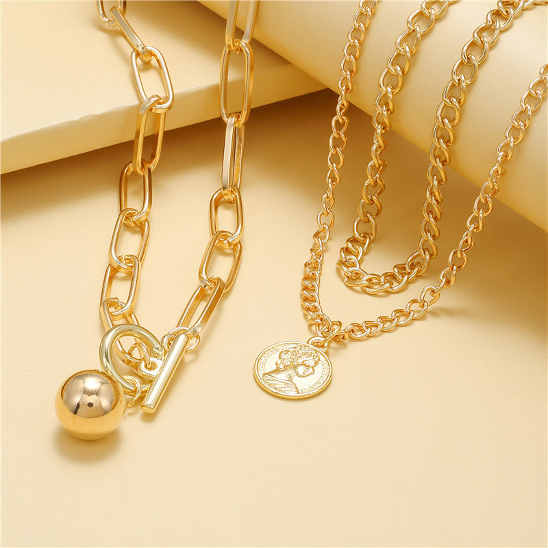 Vintage Geometric Round Alloy Human Head Pendant Multi-layer Snake Chain Necklace for Women