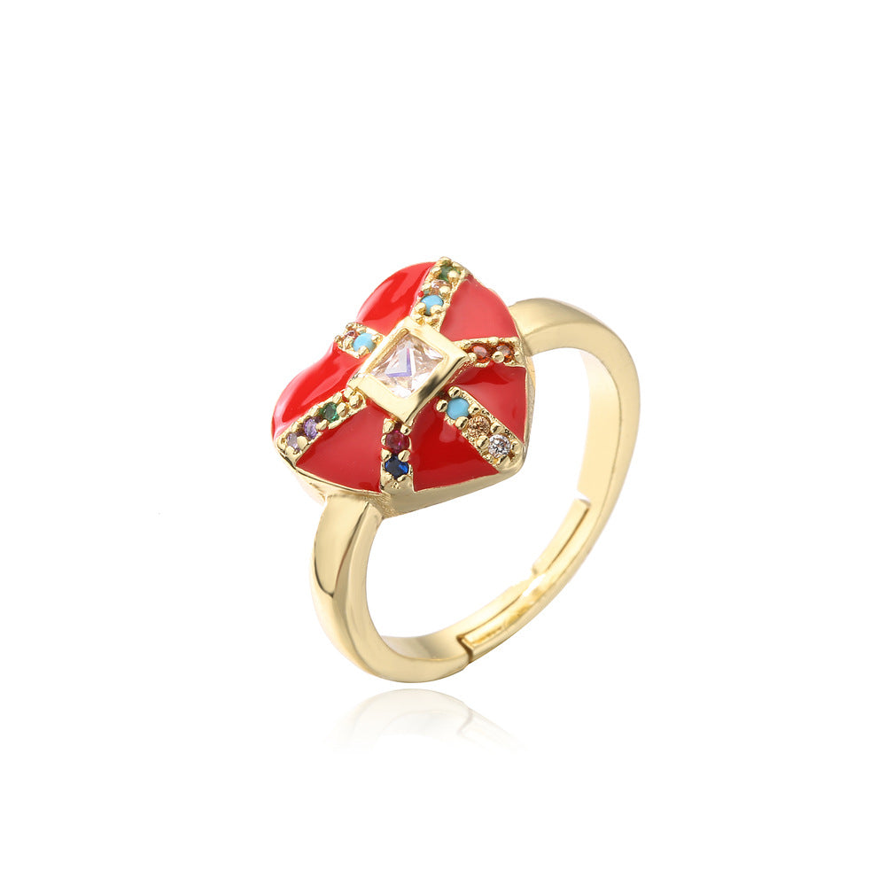 18K Gold Plated Brass Micro-inlay Cubic Zirconia Drip Oil Heart Ring for Women