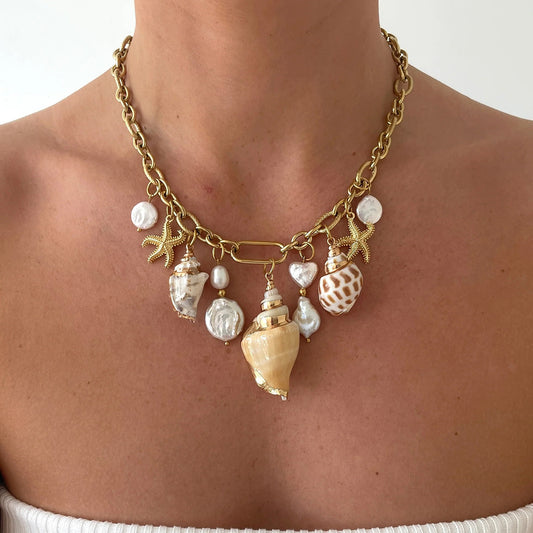 Vacation Style Seashell and Starfish Pendant Necklace in Stainless Steel with Plated Finish for Women