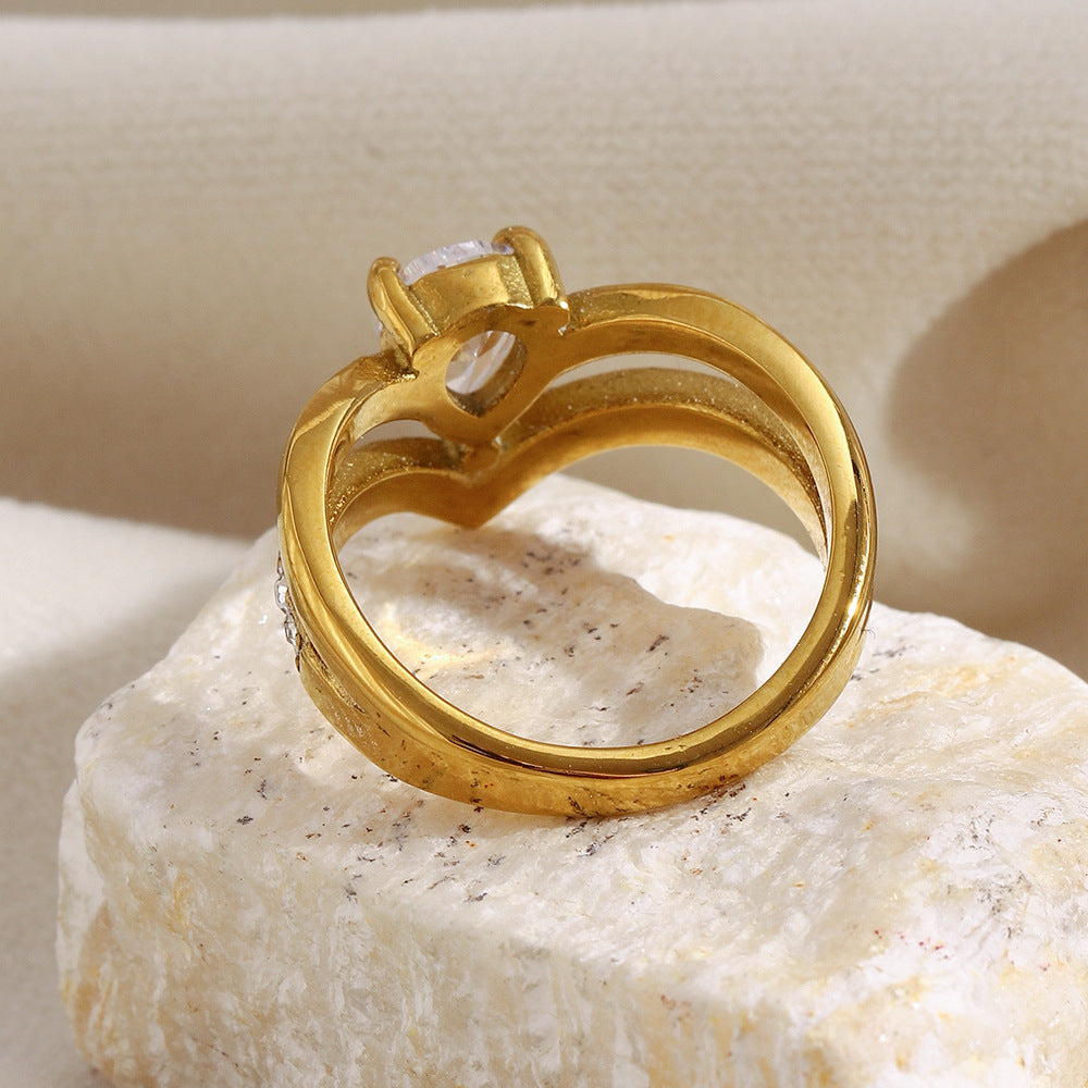 Anello da donna minimalista a doppia corona geometrica in acciaio inossidabile placcato oro 18K
