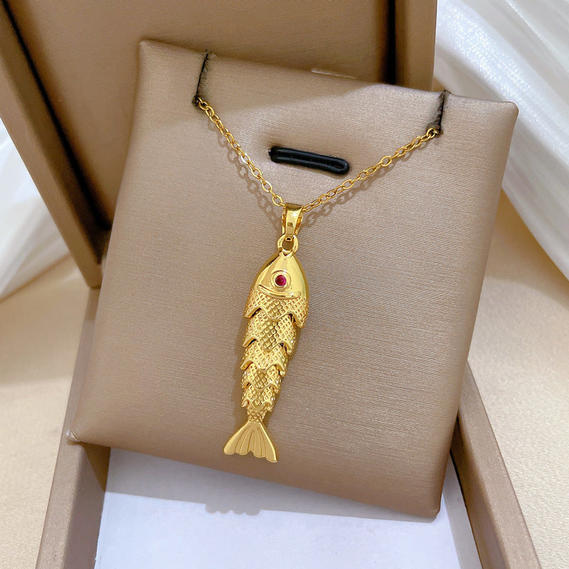 Sweet Luxury Geometric Rhinestone Koi Fish Pendant Titanium Steel Necklace for Unisex