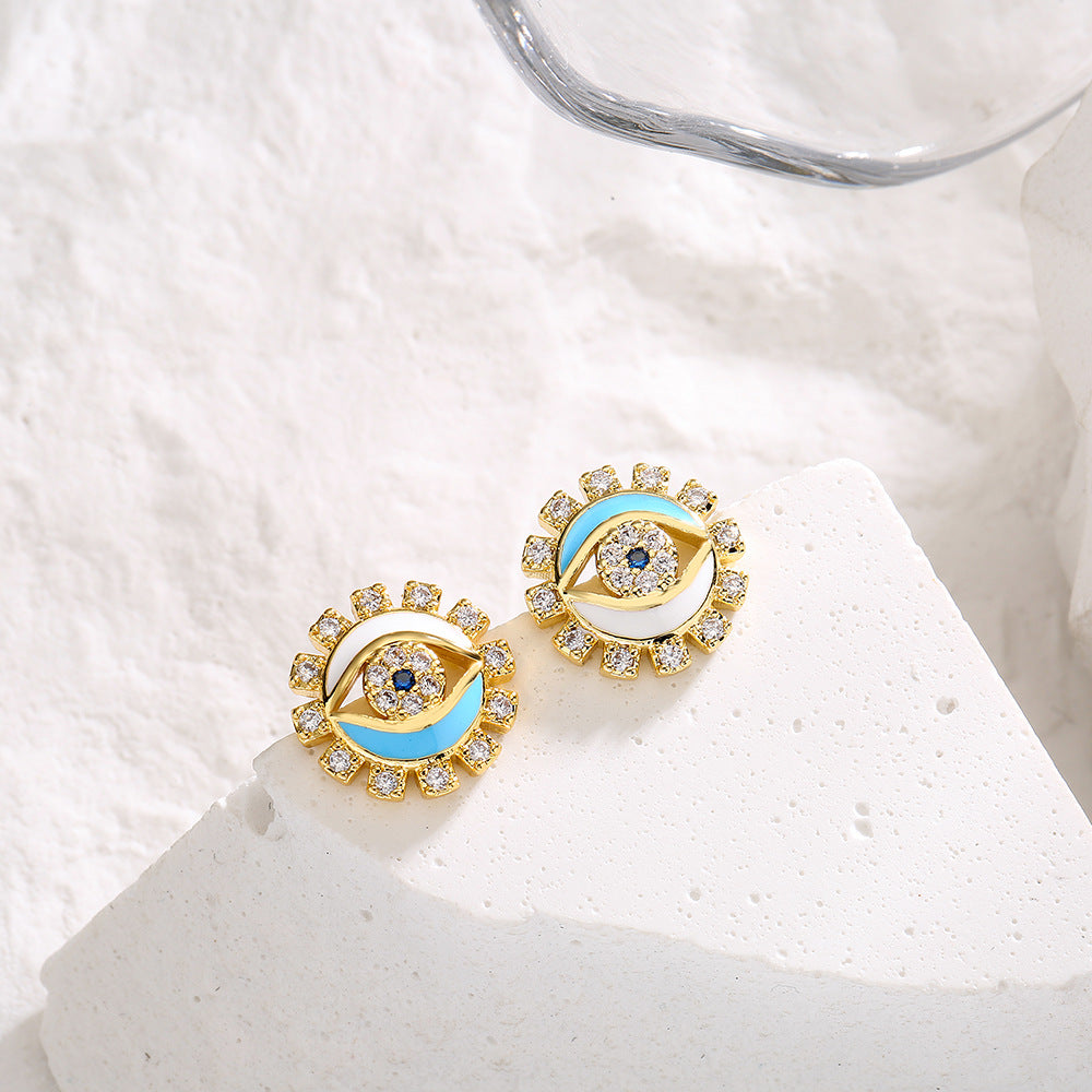 Minimalist Geometric Demon Eye Stud Earrings for Women in Copper with Enamel Finish