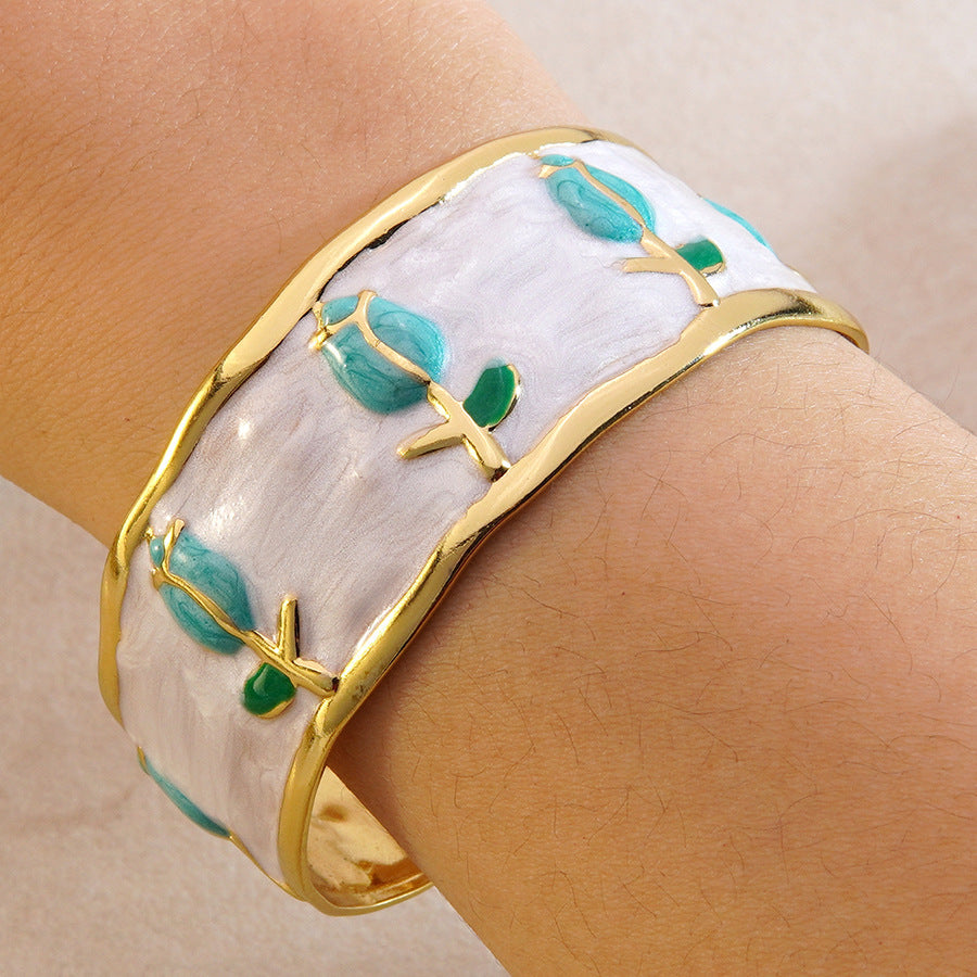 Elegant Stainless Steel Drip Oil Enamel Tulip Cuff Bracelet for Women