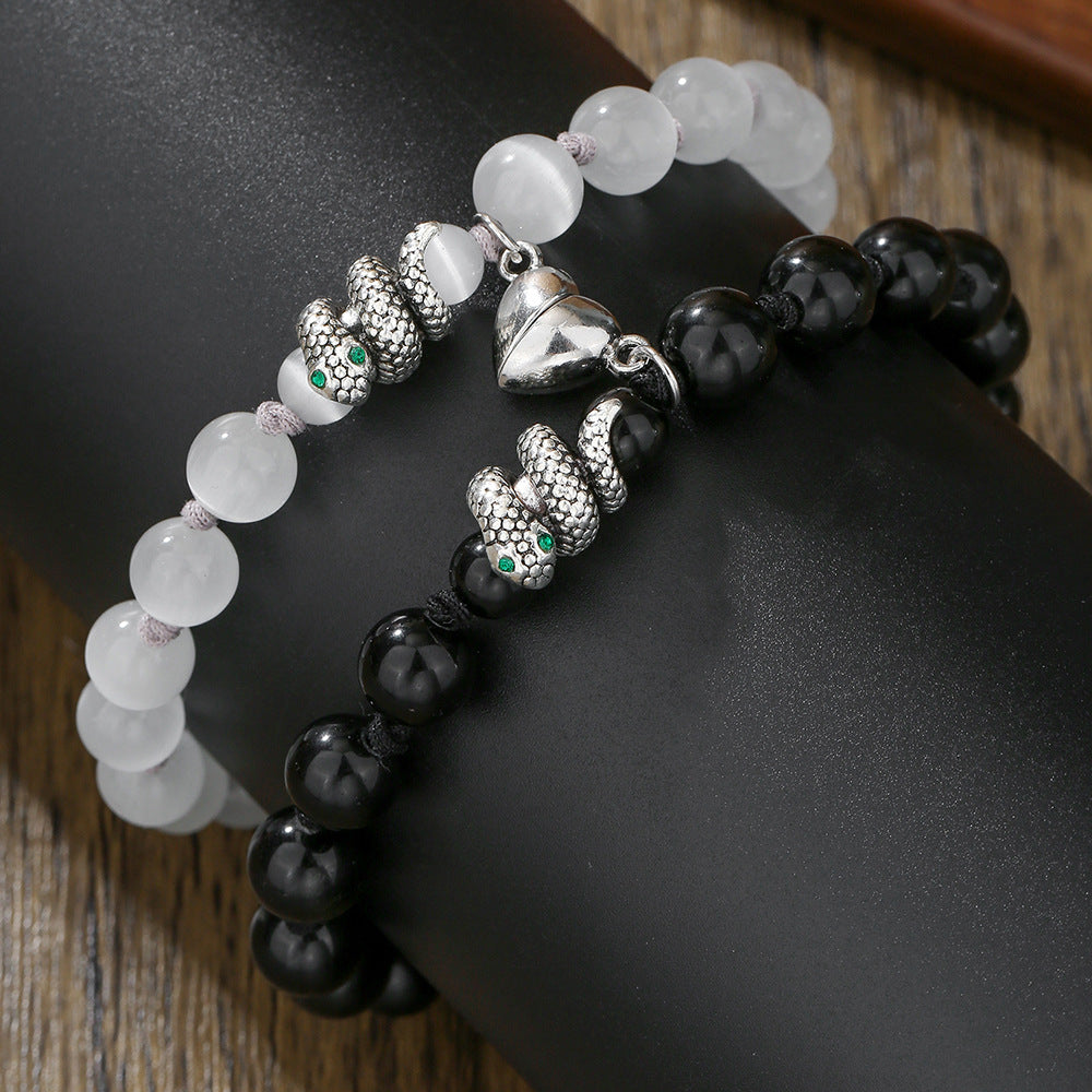Geometric Round Black Agate Beaded Snake Chain Bracelet with Magnetic Heart Clasp for Unisex