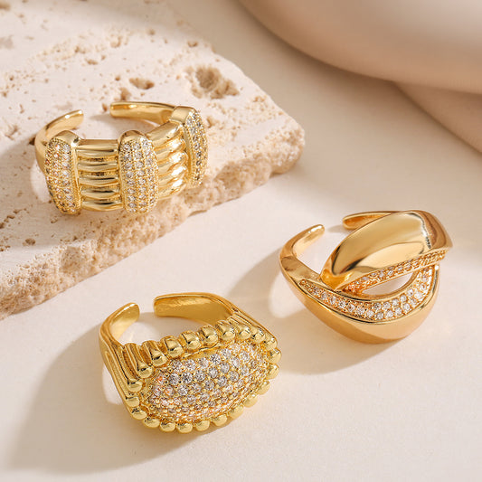 Minimalist Luxury 18K Gold Plated Brass Geometric Ring with Cubic Zirconia Inlay for Women