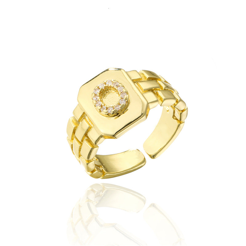 Minimalist Adjustable Open Ring with 18K Gold Plated Copper Band and AAA Zircon Letters Design