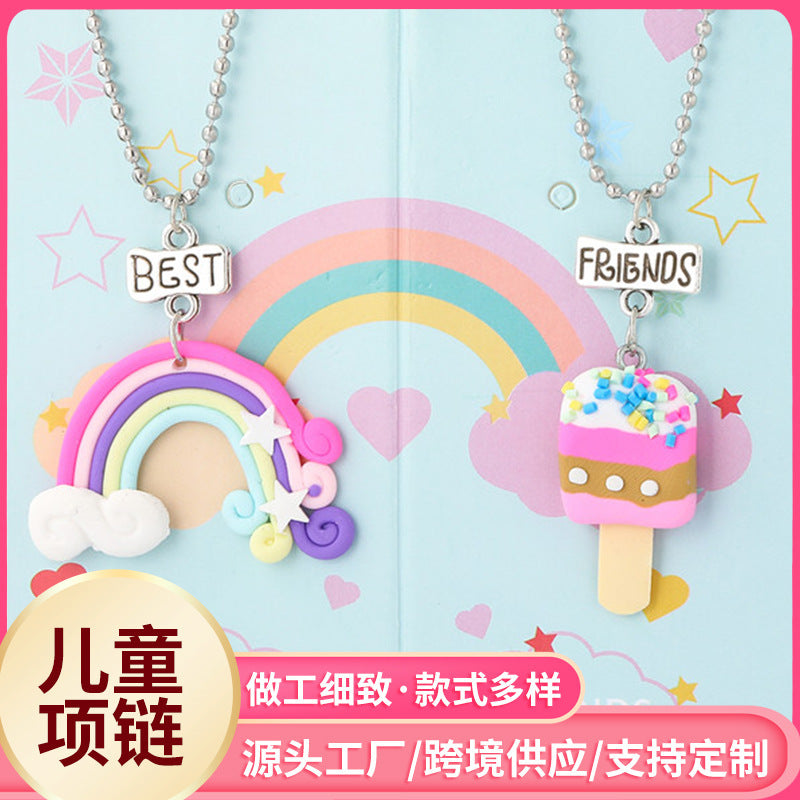 Collana con ciondolo a forma di gelato arcobaleno a cartoni animati per bambini, fatta a mano in argilla polimerica con catenina di perline