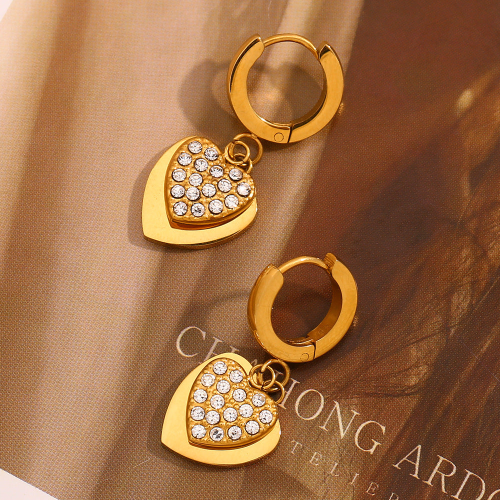 Minimalist Heart-Shaped Stainless Steel Earrings with 18K Gold Plating and Zircon Accents for Women