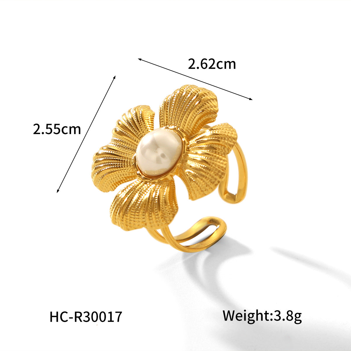 Anello da donna in acciaio inossidabile placcato oro 18K, stile vintage francese con fiore e perla